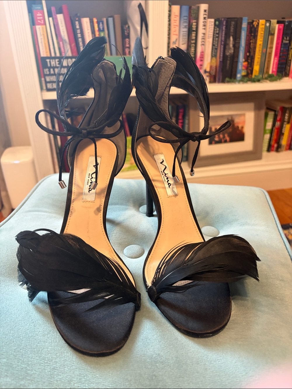 Nina Black Feather Ankle-Tie Heels
